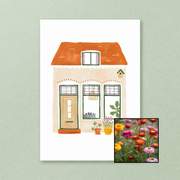 Huisje wenskaart met bloemenzaad met strobloem