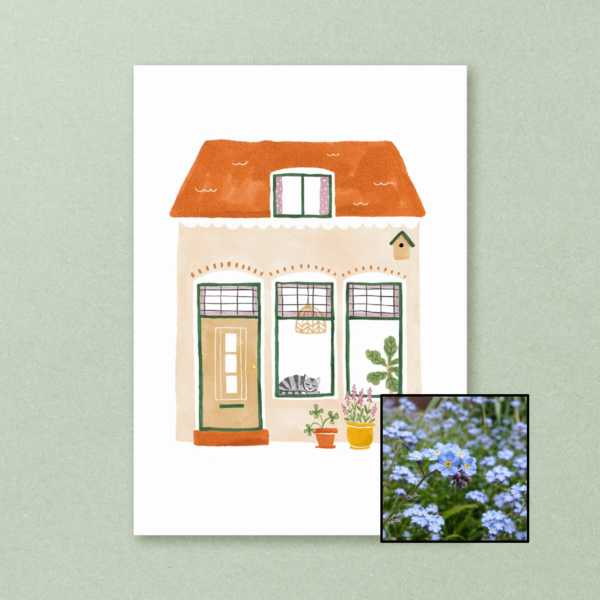 Huisje wenskaart met bloemenzaad met vergeet-mij-nietjes