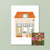 Huisje wenskaart met bloemenzaad met zinnia elegans dahlia