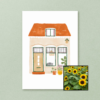 Huisje wenskaart met bloemenzaad met hoge zonnebloemen