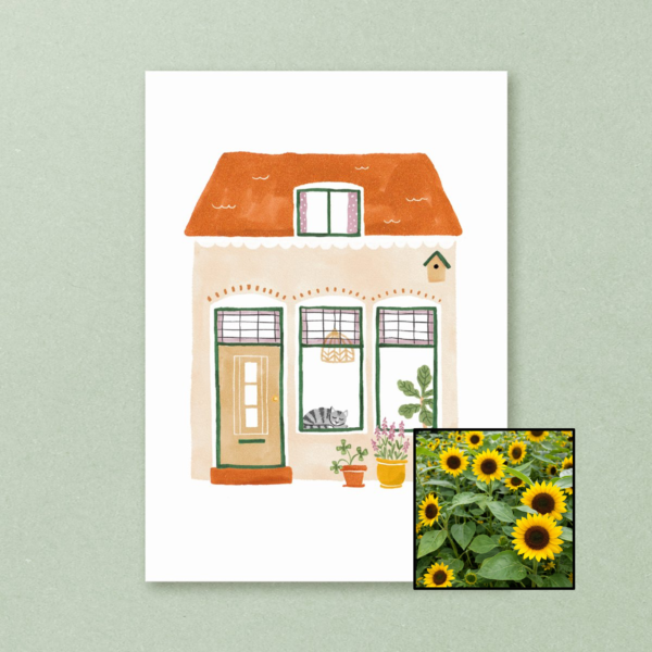 Huisje wenskaart met bloemenzaad met hoge zonnebloemen