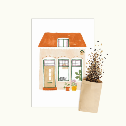 Huisje wenskaart met bloemenzaad van Bloei-post