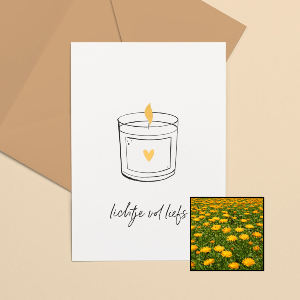 Lichtje vol Liefs wenskaart met bloemenzaad met goudsbloemen
