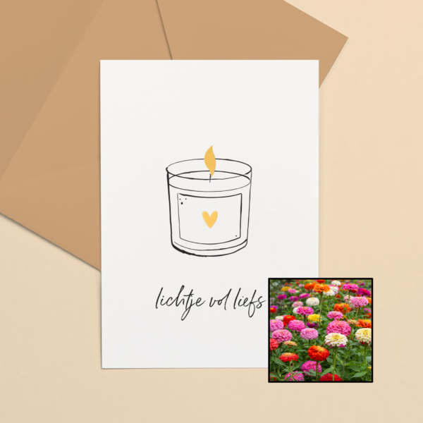 Lichtje vol Liefs wenskaart met bloemenzaad met zinnia elegans dahlia