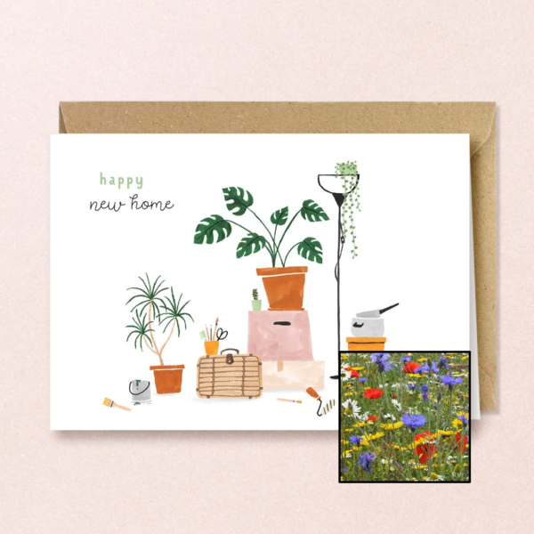 New Home wenskaart met bloemenzaad met bloemenmix voor bijen