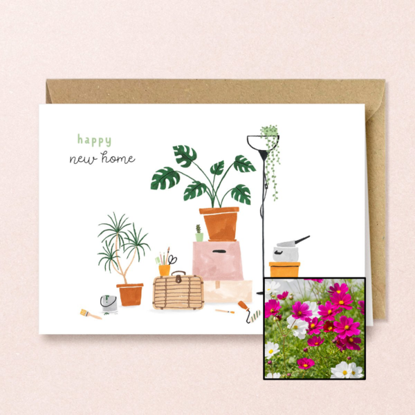New Home wenskaart met bloemenzaad met cosmea kleurenmix