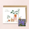 New Home wenskaart met bloemenzaad met geranium