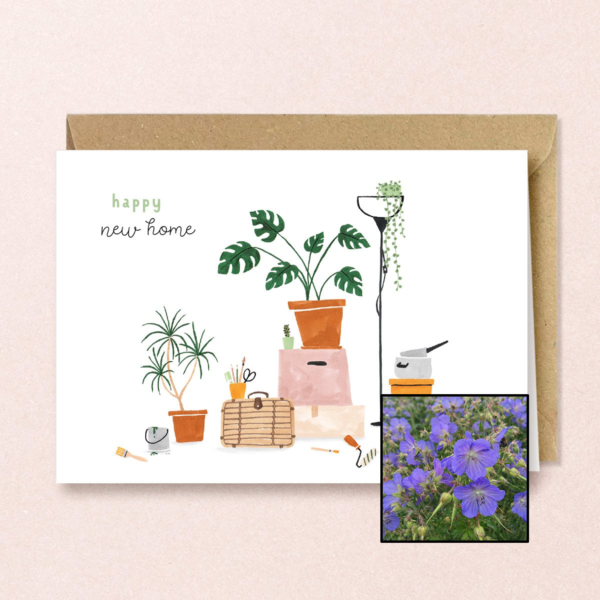 New Home wenskaart met bloemenzaad met geranium