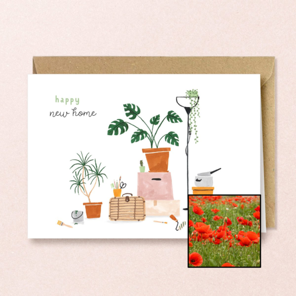 New Home wenskaart met bloemenzaad met klaprozen