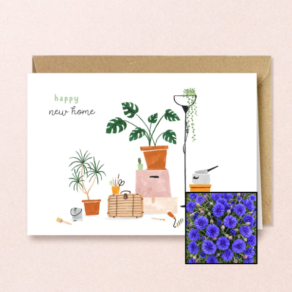 New Home wenskaart met bloemenzaad met korenbloemen blauw