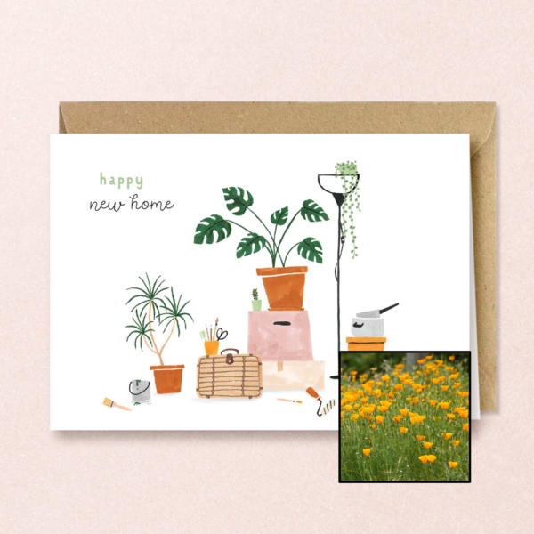 New Home wenskaart met bloemenzaad met slaapmutsje