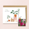 New Home wenskaart met bloemenzaad met stokroos