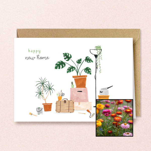 New Home wenskaart met bloemenzaad met strobloem