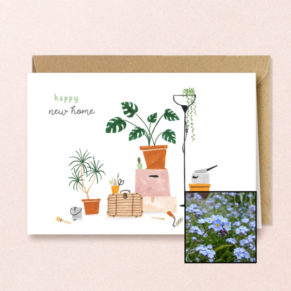 New Home wenskaart met bloemenzaad met vergeet-mij-nietjes