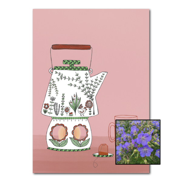 Theepot wenskaart met bloemenzaad met geranium