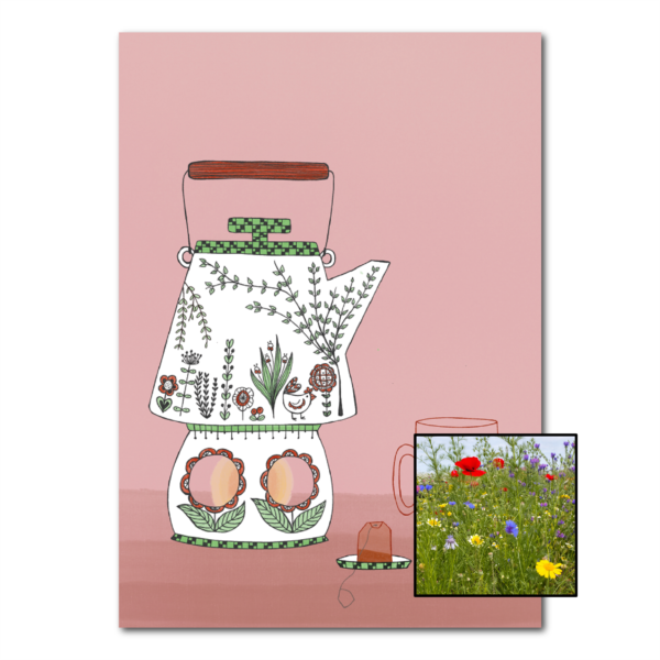 Theepot wenskaart met bloemenzaad met inheemse bloemenmix