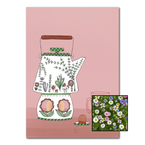 Theepot wenskaart met bloemenzaad met juffertje-in-het-groen