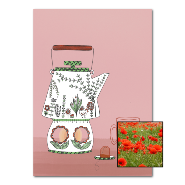 Theepot wenskaart met bloemenzaad met klaprozen