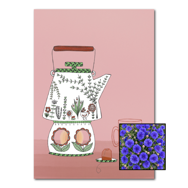 Theepot wenskaart met bloemenzaad met korenbloemen blauw