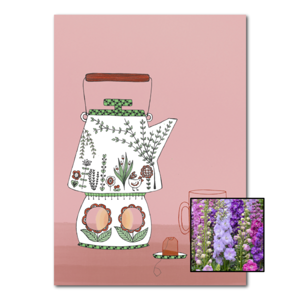 Theepot wenskaart met bloemenzaad met ridderspoor