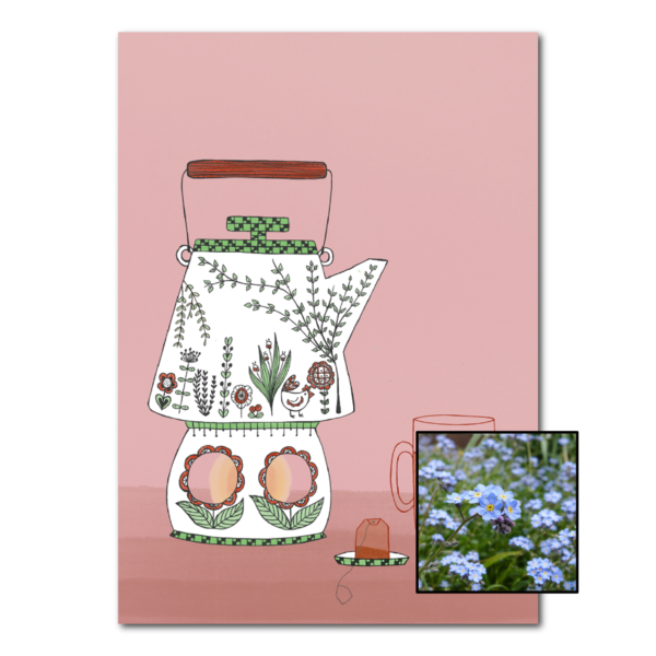 Theepot wenskaart met bloemenzaad met vergeet-mij-nietjes