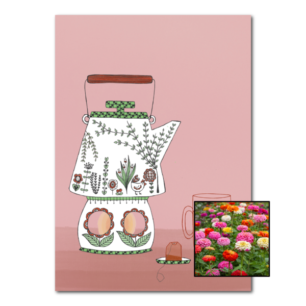 Theepot wenskaart met bloemenzaad met zinnia elegans dahlia