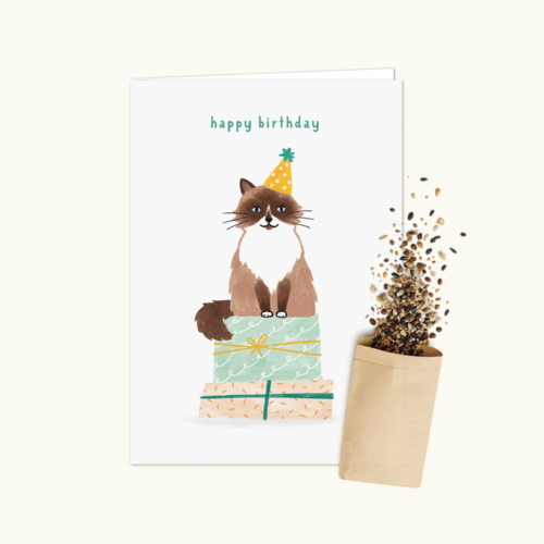 Verjaardagskat wenskaart met bloemenzaad van Bloei-post
