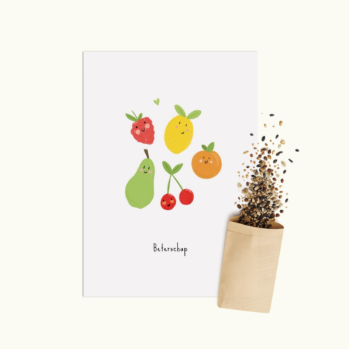 Vrolijk Fruit wenskaart met bloemenzaad van Bloei-post