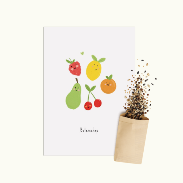 Vrolijk Fruit wenskaart met bloemenzaad van Bloei-post