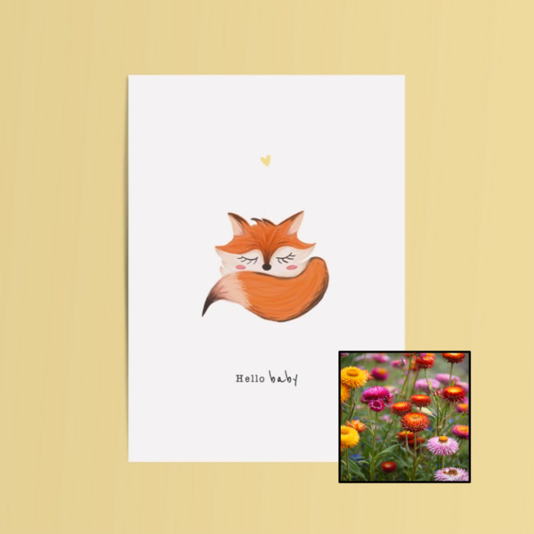 Hello Baby wenskaart met bloemenzaad met strobloem