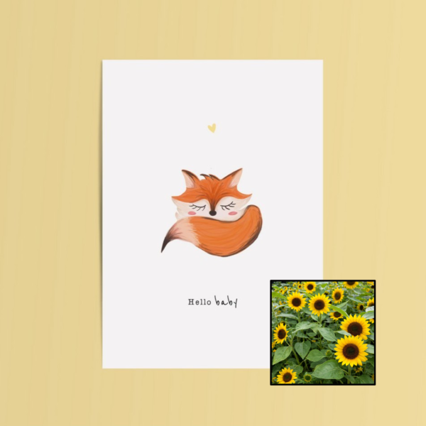 Hello Baby wenskaart met bloemenzaad met zonnebloemen