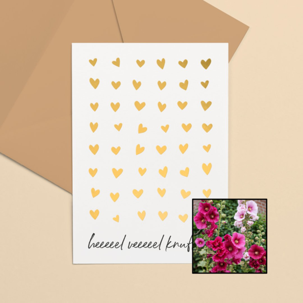 Knuffels wenskaart met bloemenzaad met stokroos