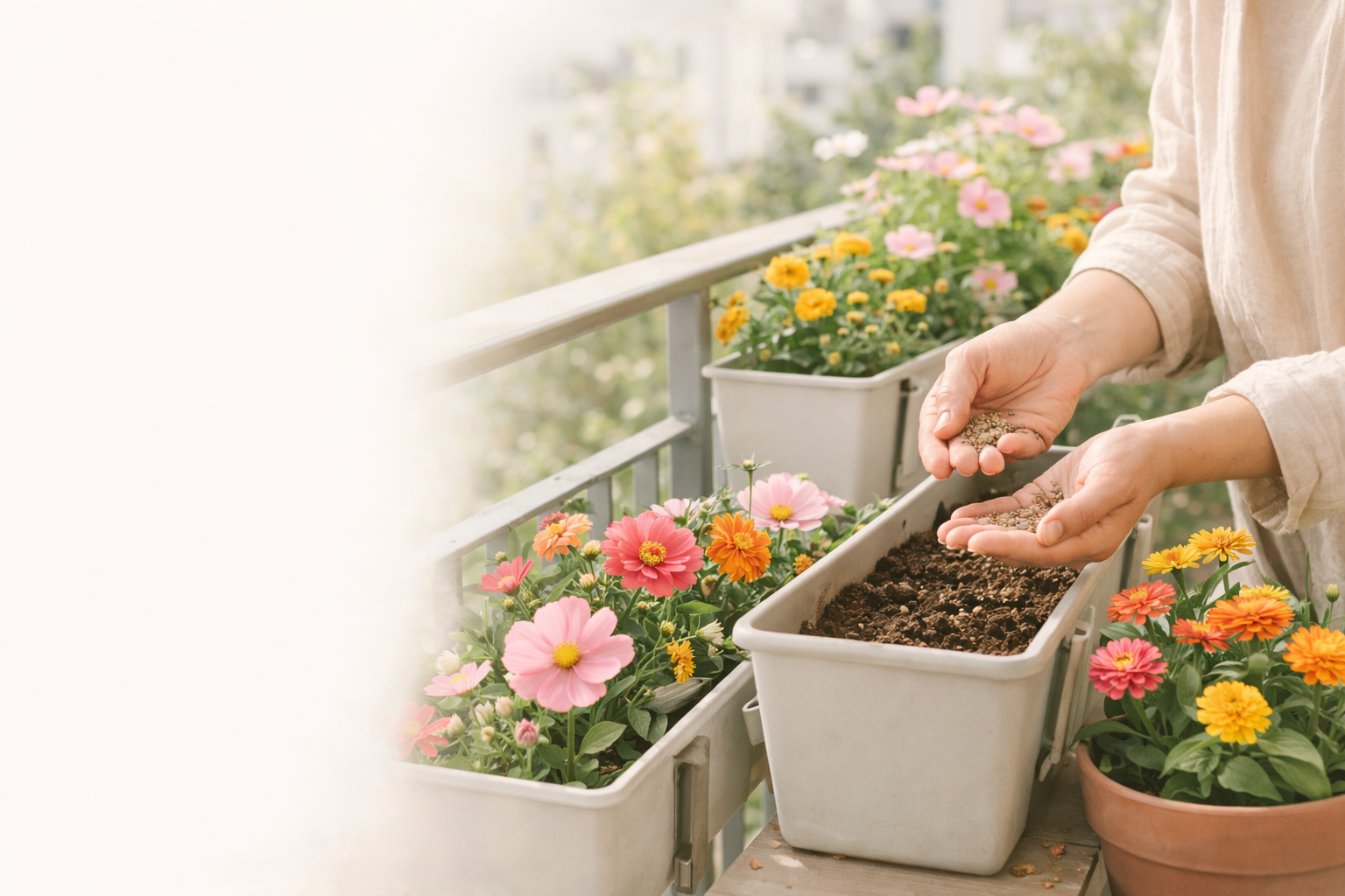 Bloemen zaaien in een bloembak op balkon of terras