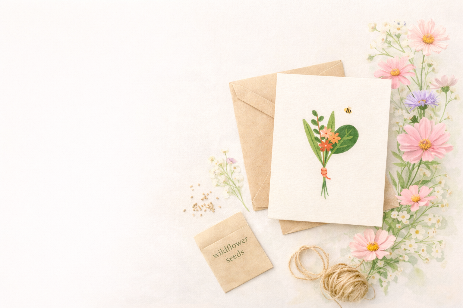 Wenskaart met bloemenzaad bedankt met pastel bloemen en envelop