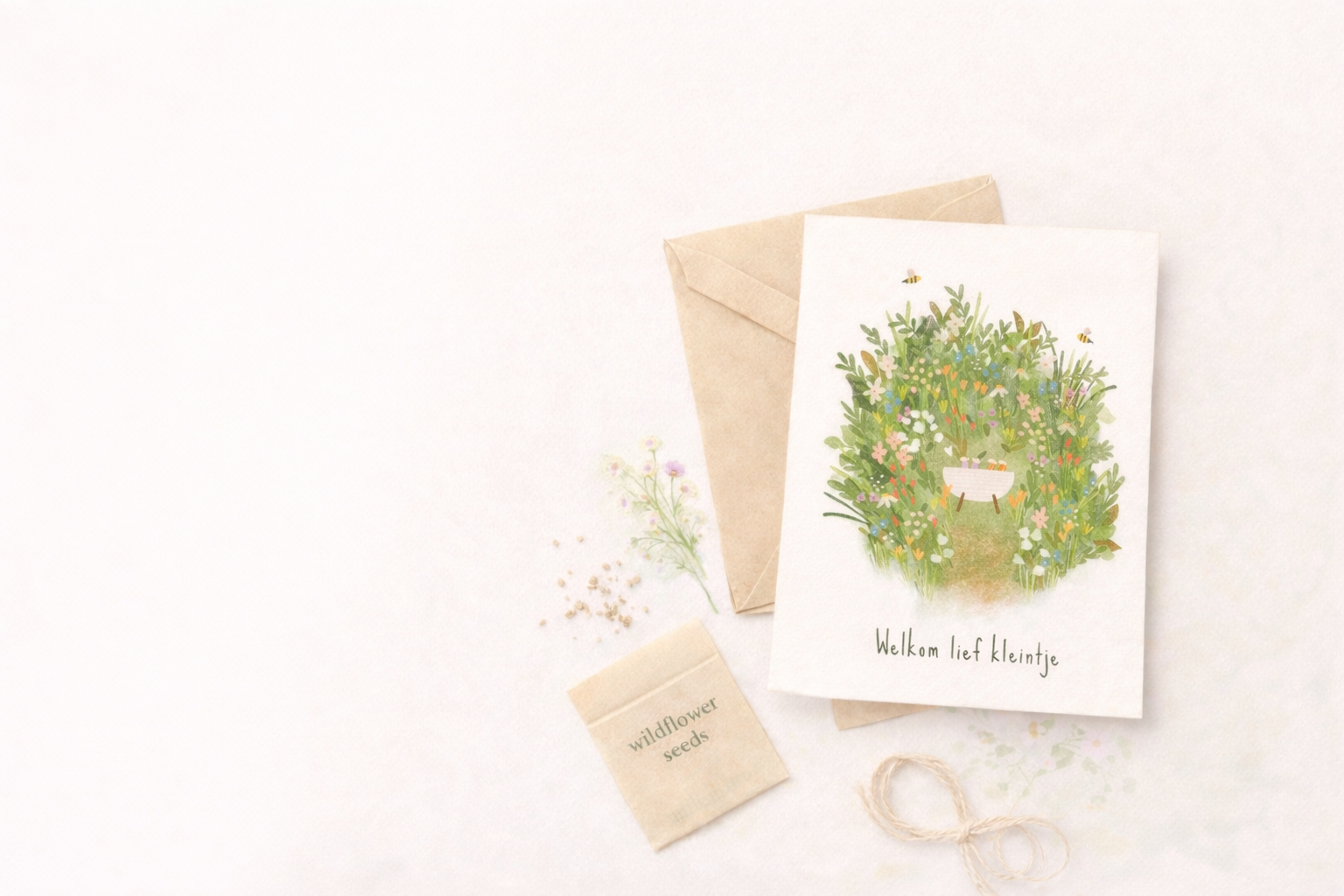 Wenskaart met bloemenzaad geboorte met pastel bloemen en zachte kleuren