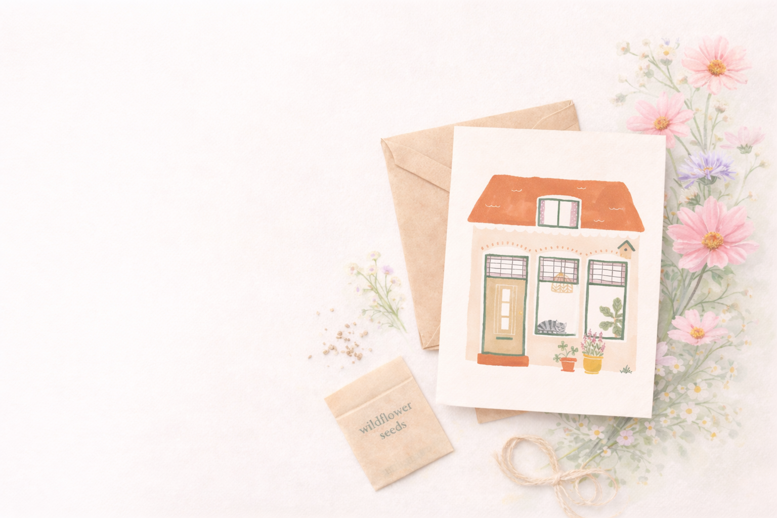 Wenskaart met bloemenzaad nieuwe woning met bloemen en huis illustratie